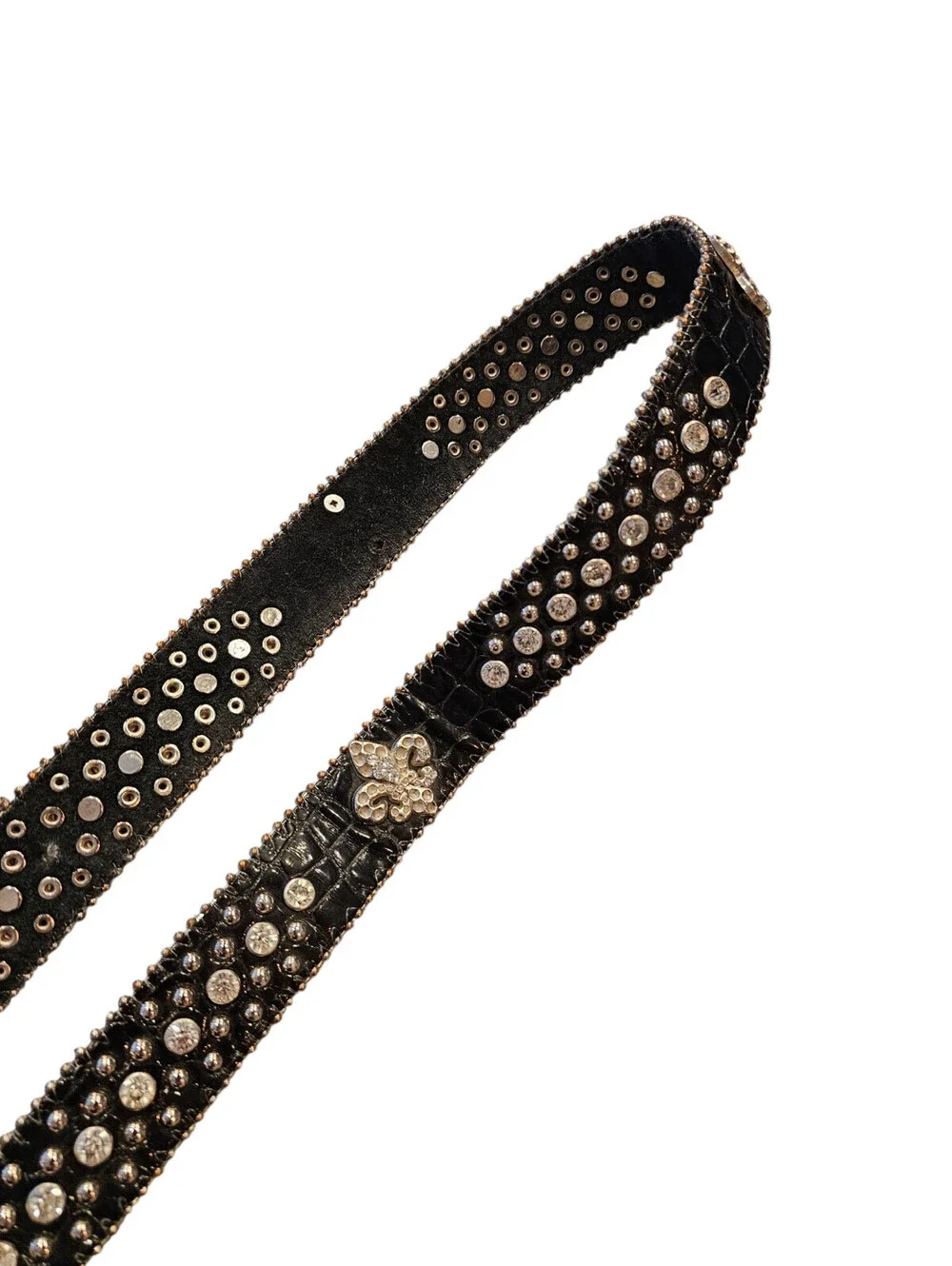Black embossed leather western-style rhinestone studded belt Sz L/XL Y2K Bling